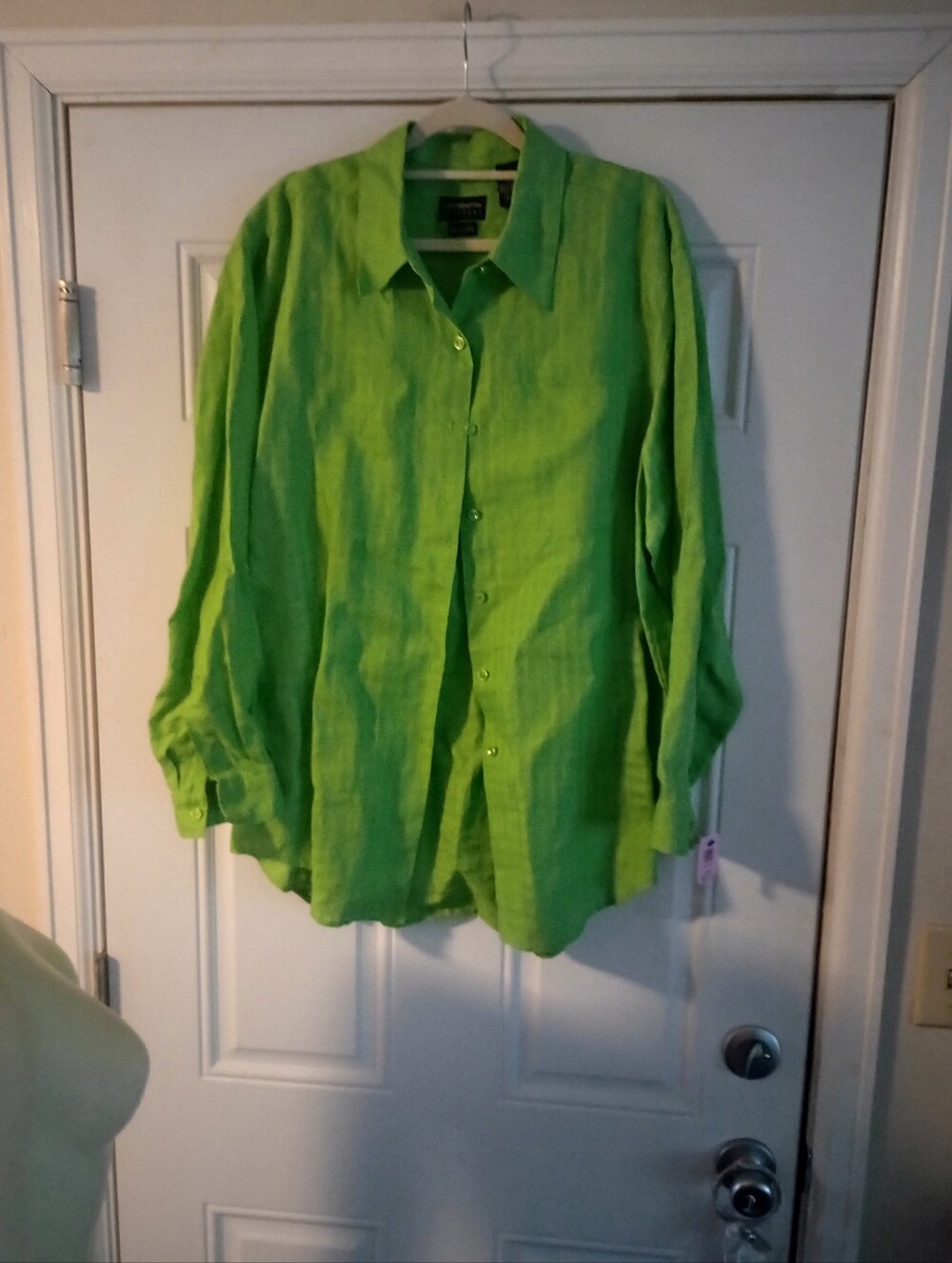Liz Clairborne 100% Irish Linen Apple Green Shade Boyfriend Button Down Blouse L